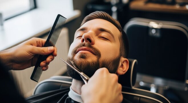 Skilled barber meticulously trimming a man's well-groomed beard with scissors and comb