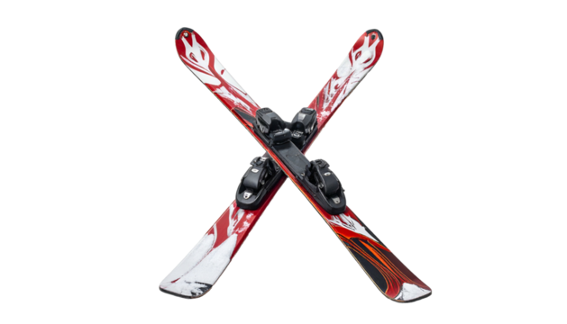 Crossed red/white skis with black bindings against black background