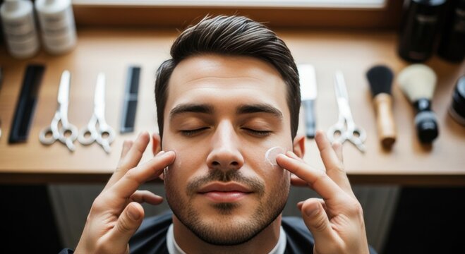 Mindful male grooming Young man applies hydrating face cream with closed eyes for ultimate relaxation