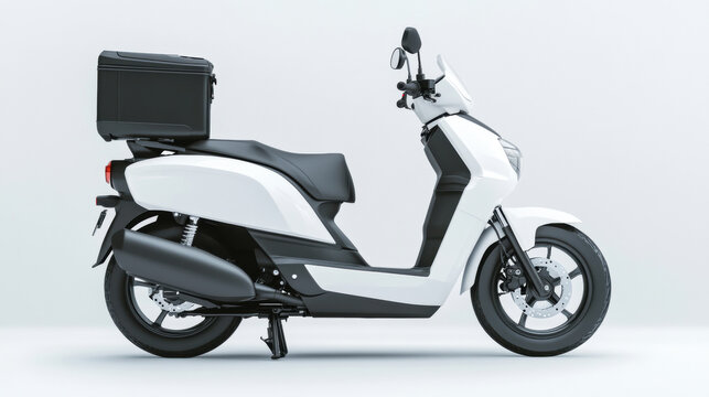 Modern white electric scooter with cargo box on a white background. clean, contemporary scooter is perfect for urban deliveries and eco-friendly transportation.