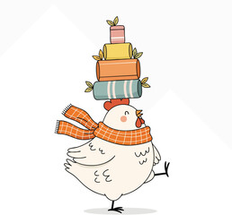Illustration of a happy chicken balancing colorful objects on its head. The chicken is wearing a scarf, and appears joyful