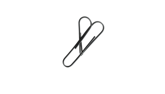 Two metallic paperclips, intertwined, on a stark black backdrop