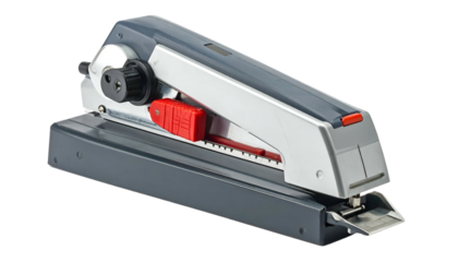 Metallic gray office stapler with red and black accents on black