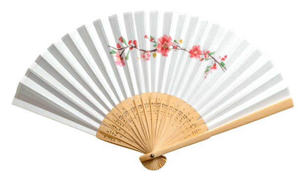 Open hand fan white paper, delicate pink blossoms, wooden handle