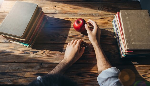 Overhead shot of red apple, hands, and stacks of books on a wood table