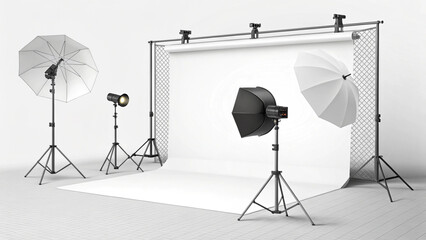 "Realistic 3D render of professional photography set with multiple lighting sources, seamless white backdrop, and reflector umbrella. Modern studio setup for product, fashion, and portrait photography