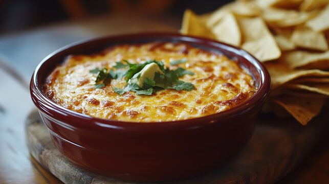 Close up of a bowl of cheesy dip with tortilla chips and cilantro on a wooden board