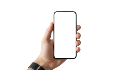 Hand holding smartphone with blank white screen isolated on transparent background, presenting a mockup for app design, website display, or mobile interface showcase