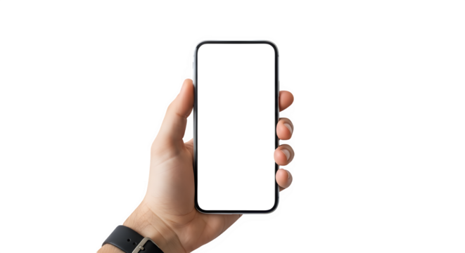 Hand holding smartphone with blank white screen isolated on transparent background, presenting a mockup for app design, website display, or mobile interface showcase