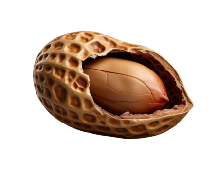 A detailed peanut with its outer shell partially cracked open, revealing smooth inner