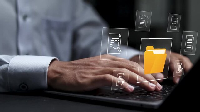 Digital data storage technology concept. Document file, digital document files stored on secure and always available internet-based servers.