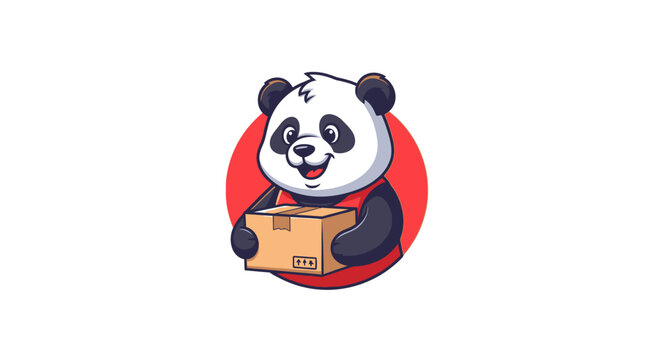Delivery Panda: A cheerful panda joyfully carries a package, ready for delivery. The panda's happy expression, box, and red circle.