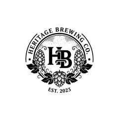 Heritage Brewing Co. Logo with Hops and Leaves Est 2023.