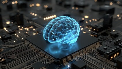 Glowing digital brain hologram on dark electronic circuit board background