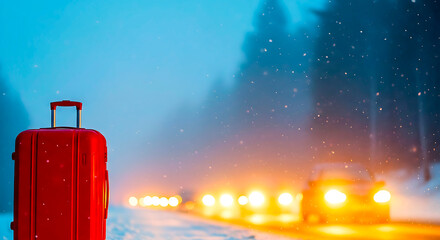 Red Packed suitcase on snow road with traffic in winter evening  