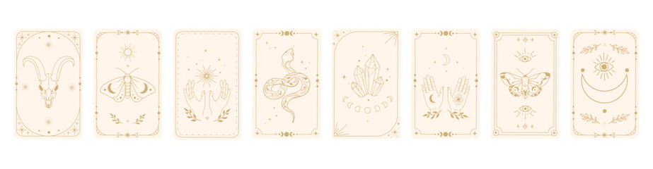 Mystical tarot design templates set with esoteric symbols goat skull, moths, snake, crystals, hands Boho style for branding, fortune telling decks, divination products, wall art, digital art. Vector