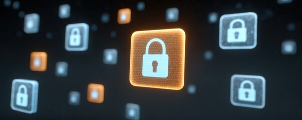 Fototapeta premium A digital illustration featuring various padlock icons, emphasizing security and privacy in a networked environment.
