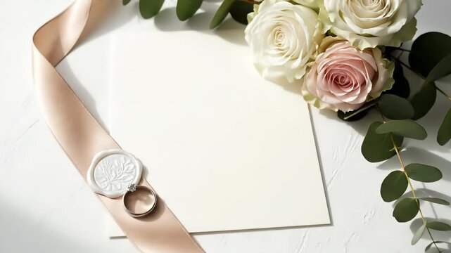 Overhead view of a blank wedding invitation card adorned with delicate roses, eucalyptus leaves, silk ribbon, and wedding rings, set against a clean white surface.