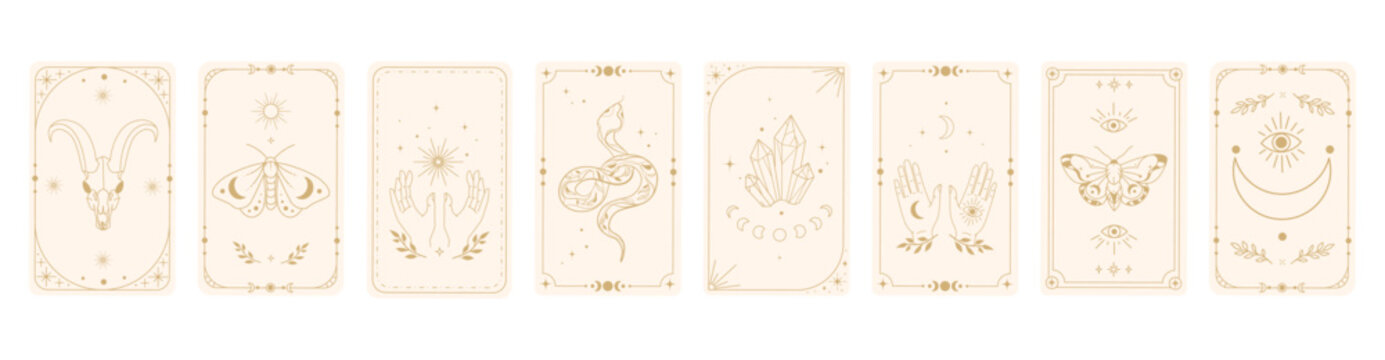 Mystical tarot design templates set with esoteric symbols goat skull, moths, snake, crystals, hands Boho style for branding, fortune telling decks, divination products, wall art, digital art. Vector