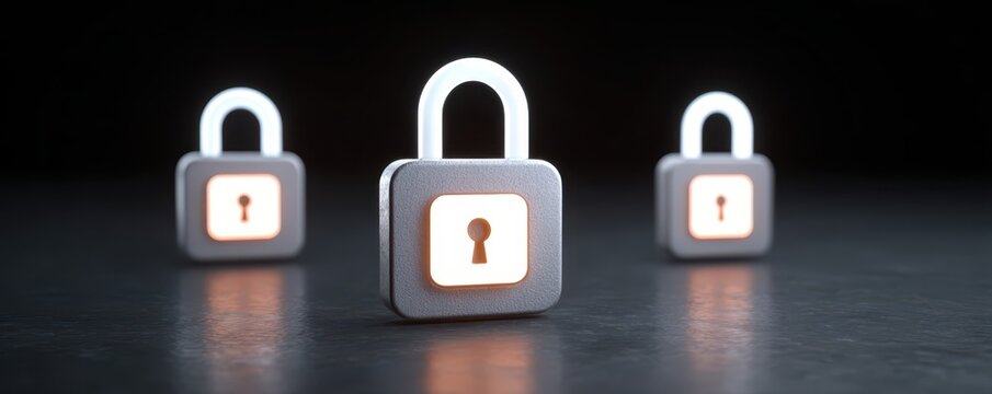 Three illuminated locks are displayed against a dark background, symbolizing security and protection.