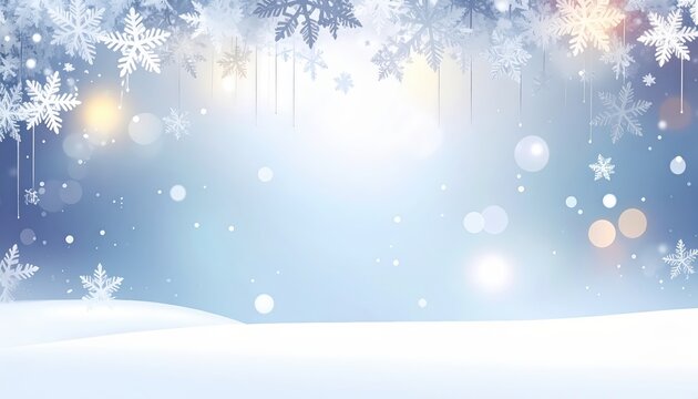 Magical winter wonderland with soft falling snowflakes and bokeh lights