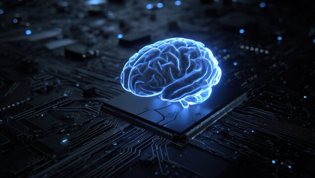 Glowing blue brain model rests on dark electronic circuit board background.
