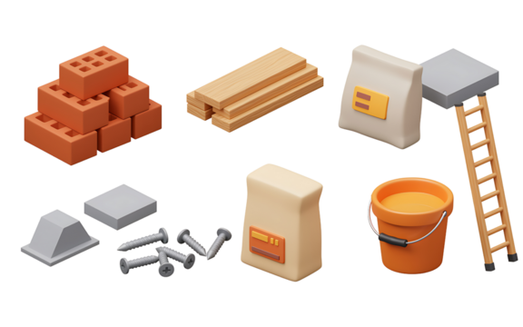 Construction materials and tools arranged on a black background