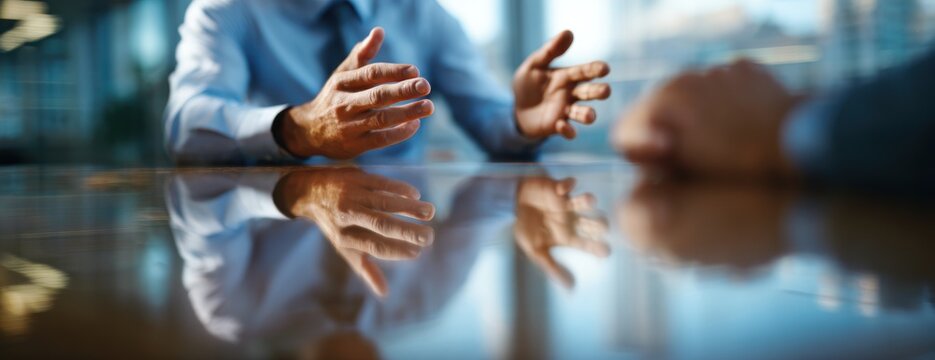 Business meeting with hands gesturing over a reflective table surface.