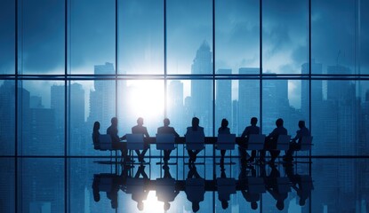 Silhouettes of people meeting around a table overlooking a bright city.