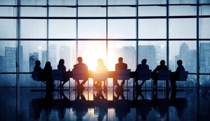 Silhouettes of business people meeting in a high rise office at sunset.