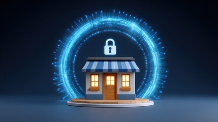 A digital representation of a secured house, highlighted by a glowing circle and a padlock symbol, emphasizing safety and security.