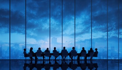 Silhouettes of people meeting in a high rise office overlooking city lights.