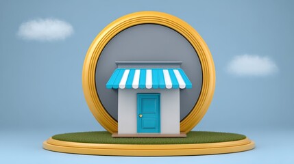 A whimsical 3D illustration of a small shop within a golden ring, featuring a blue door and striped awning against a soft blue background.