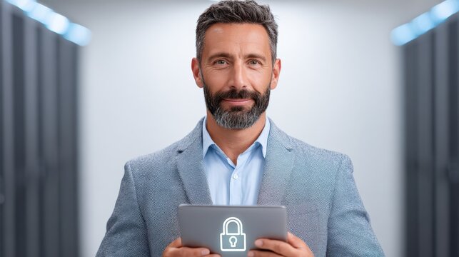 A professional man stands confidently in a server room holding a tablet with a padlock symbol, suggesting security and technology. - Powered by Adobe