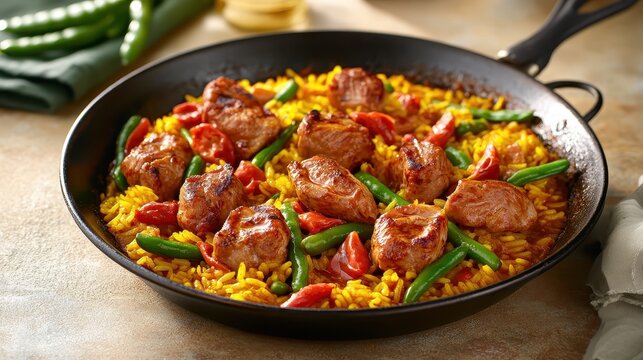 A delicious Paella dish with rabbit and saffron rice in a pan