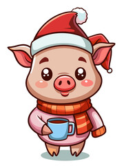 Cute baby piggy wearing a Christmas hat and a scarf,  with a coffee mug