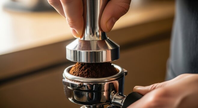 A person's hands tamping fresh ground coffee into a metal portafilter for espresso preparation.