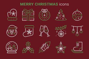 Set of festive line icons for Christmas and New Year