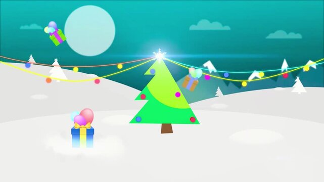 A festive cartoon illustration of a snow-covered landscape with a decorated Christmas tree and gifts.