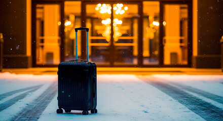 Black packed suitcase on snow outside hotel entrance at night  