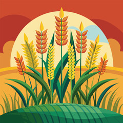 Stylized wheat field illustration with sunset and agricultural landscape design