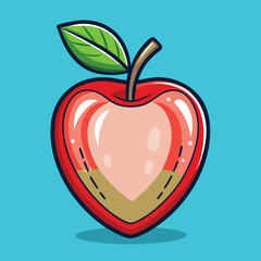 Heart shaped apple with leaf vector illustration on blue background