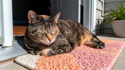 Calico cat relaxing on colorful welcome mat in sunlight by open door at floor level, perfect for pet and home themes