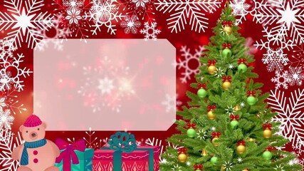 Festive Christmas scene with decorated tree, polar bear, gifts, and falling snowflakes on a red background with a message frame.