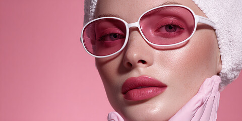 Stylish Woman in Pink Spa Headwrap and Sunglasses on Pink Background made with generative AI