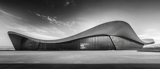 A futuristic building with smooth shapes and large windows in black and white.
Used to illustrate modern architecture, innovation, and urban design.