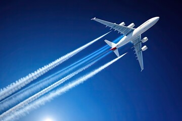 White airliner flying in a clear blue sky leaving behind a long vapor trail, flight, transportation, clear sky, high altitude, aircraft, white, travel, panoramic,airliner, condensation