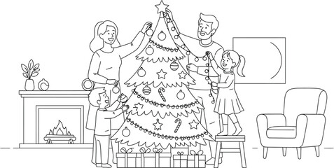 Family decorating christmas tree together in living room with fireplace outline