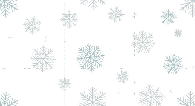 Elegant and minimal Flat design pattern of light blue snowflakes falling on a clean white background, perfect for winter themes and decorations