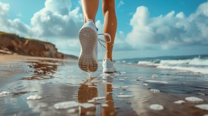 Feet in trainers run along the wet sand by the sea.
Ideal for articles about healthy lifestyles, sports, active recreation and motivation to exercise.